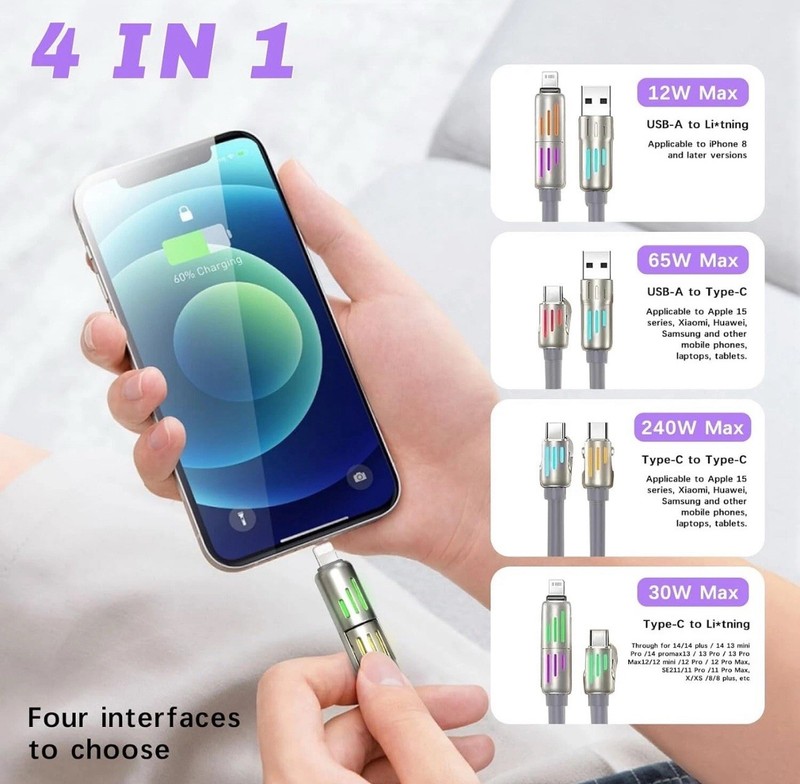 4 in 1 Multi-USB Charging Cable - MAX 240W Fast Charging/With USB A+ Type-C 6ft gallery