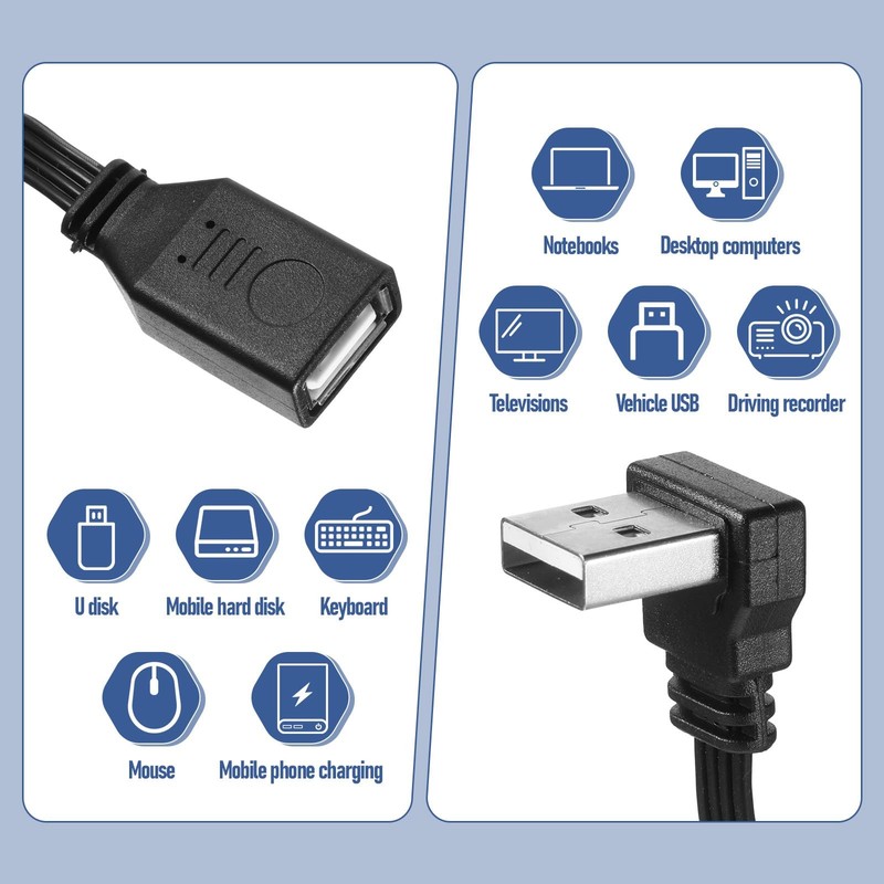 2PCS 4" 90 Degree USB2.0 Extension Cable Flat Right Angle USB Male to Female gallery