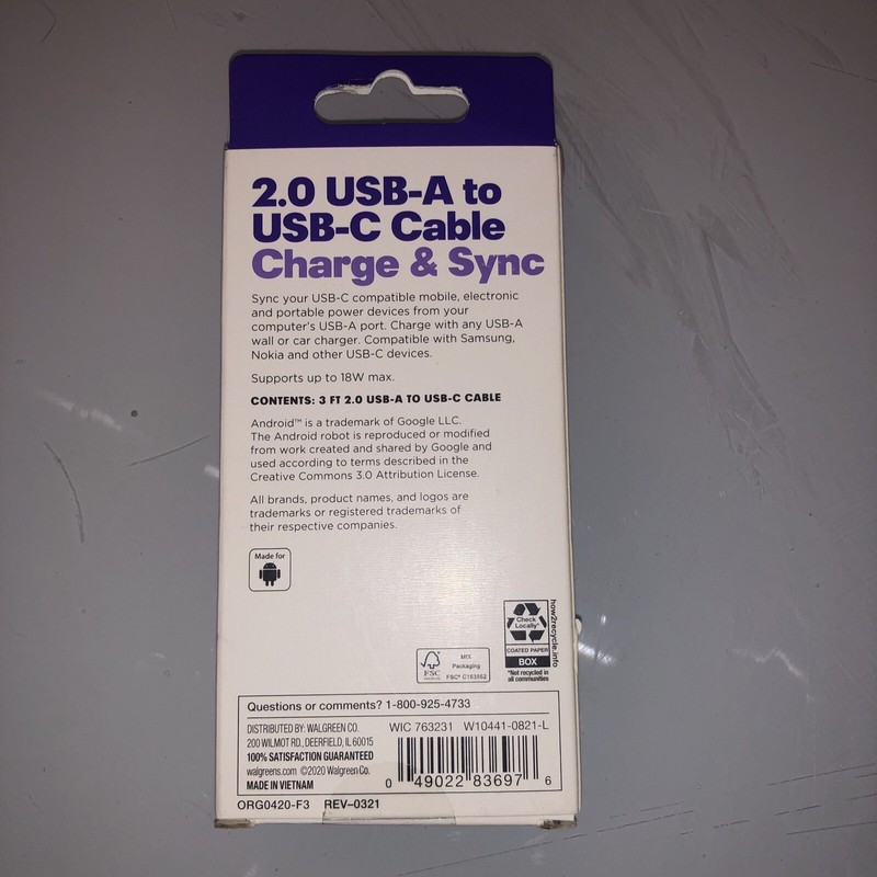 Infinitive 2.0 USB-A to USB-C Type C Charger & Sync Cable 3 foot 18W Max gallery