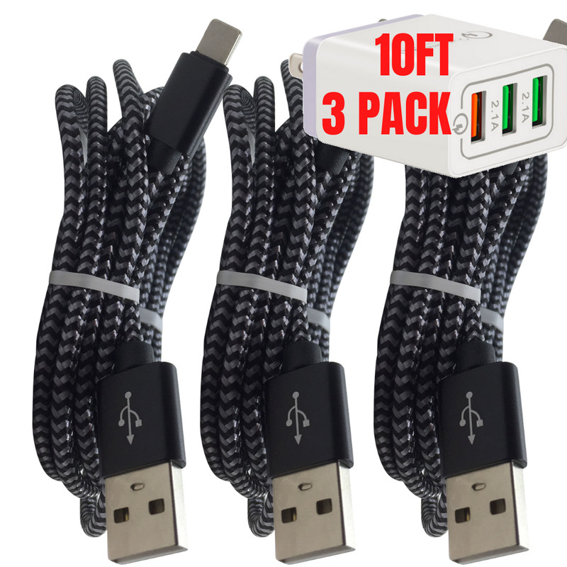 3 Pack 10Ft Fast Charging Cable Heavy Duty Charger Cord For iPhone 11 XR X 8 7 6