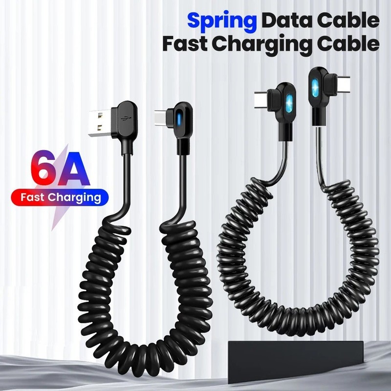 6A USB-C to USB-C Dual Elbow Spring Cable Fast Charger for iPhone Samsung Xiaomi