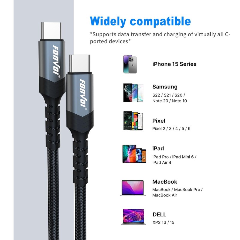 2 Pack USB C to C Cable For iPhone 15 Fast Charging Cord 4FT Power Wire Lead gallery