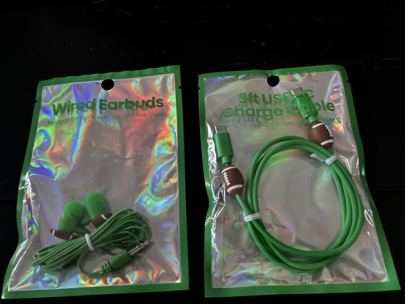 Football Charm 3ft USB-C Charging Cable & Wired Earbuds Green Sports