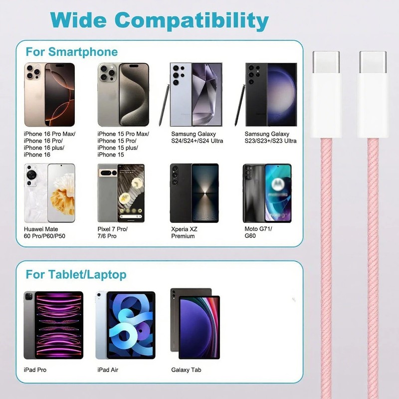 60W USB C to C Fast Charge Cable 3/6/10FT iPhone 17 16 15 Samsung iPad Type C gallery