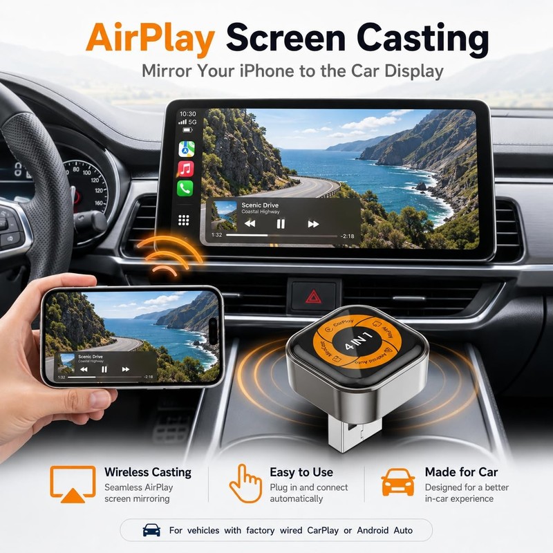 4-in-1 Wireless CarPlay & Android Auto Adapter with AirPlay & Miracast, Wirel... gallery
