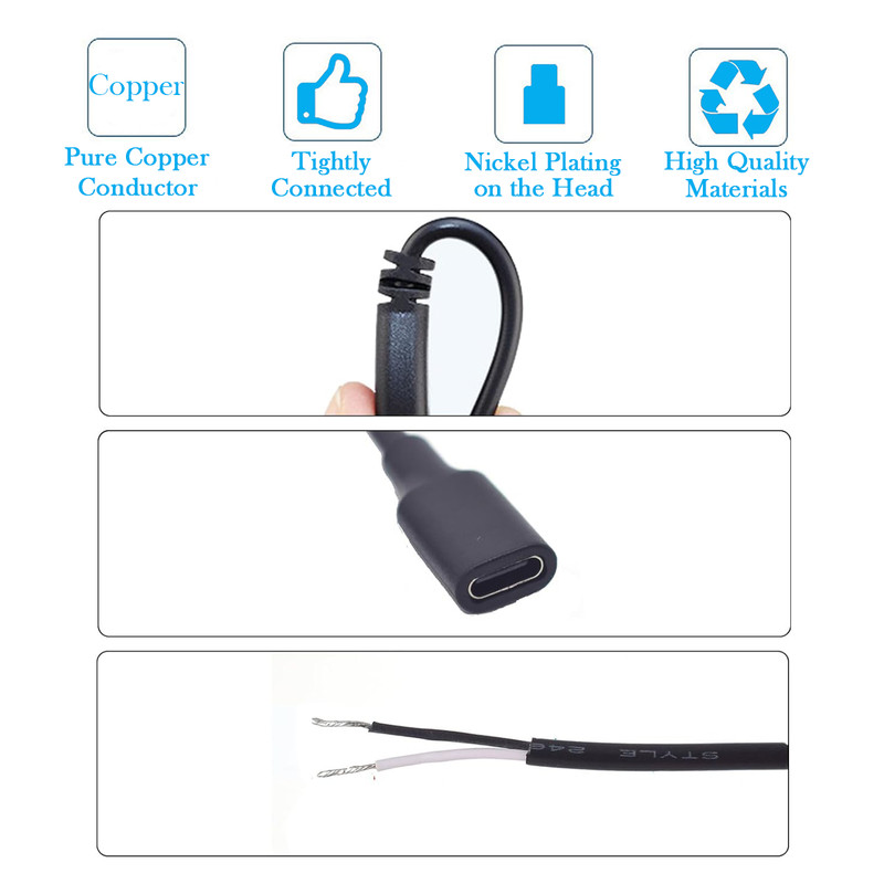 5x 1M/3.3FT USB Type-C Female to 2-Pin Bare Wire 22AWG 5V 3A DIY Repair Cable gallery