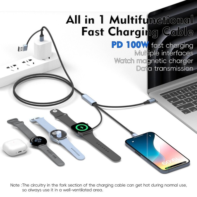 5in2 Charging Cable USB-C To USB-C for Apple Watch/ Samsung Watch, 100W PD cable