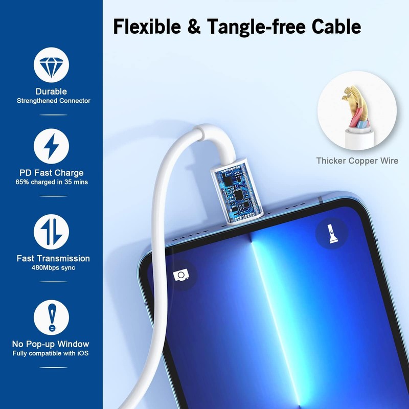 iPhone Fast Charger Apple MFi Certified 20W USB Type C to L 3ft Cable White gallery