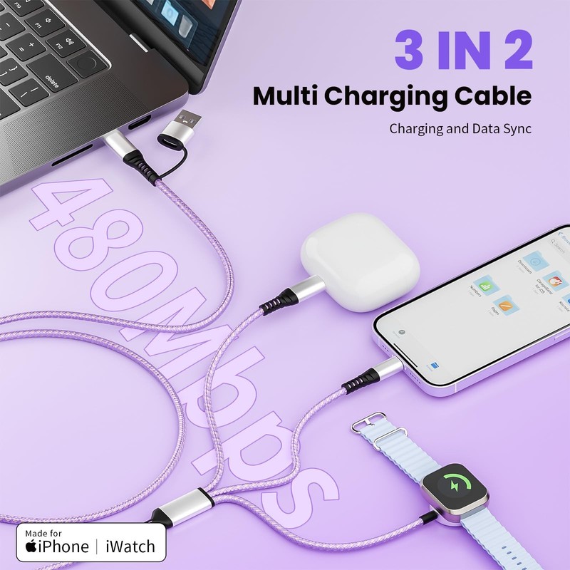 Purple 3 in 2 USB A C Cable to iPhone 17 Travel Charger Cord 5 Ft gallery