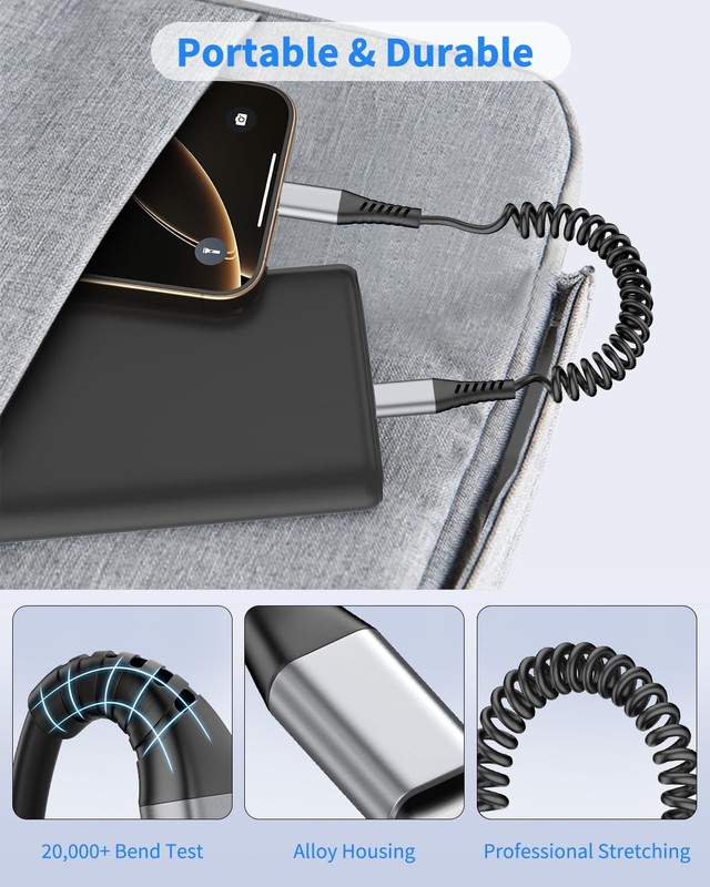 Coiled USB A to C Cable for Car, 2 Pack Type C Charger Fast 3FT, Black gallery
