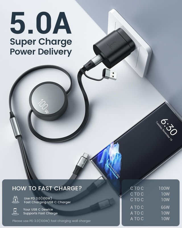 CAFELE Retractable Charging Cable, 100W USB C Fast Charger Cable 3 in 1 with [30 gallery