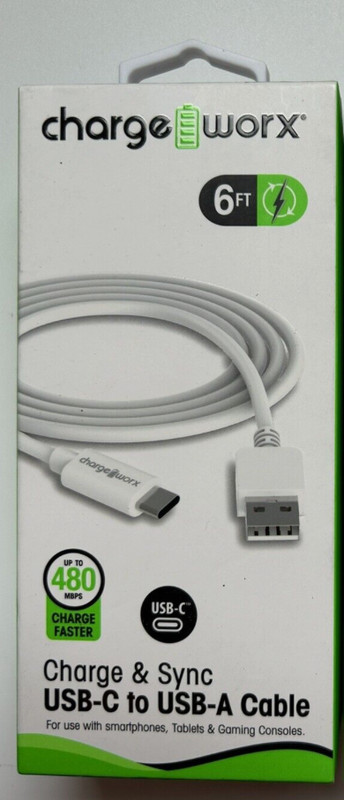Charge Worx Charge & Sync USB-C to USB-A 480 Mbps 6 Ft Cable White NEW IN BOX