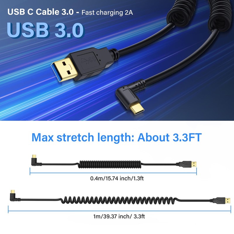 Retractable Coiled USB 3.0 To Type C Cable 5Gbps 90 Degree Fast Charging MR gallery