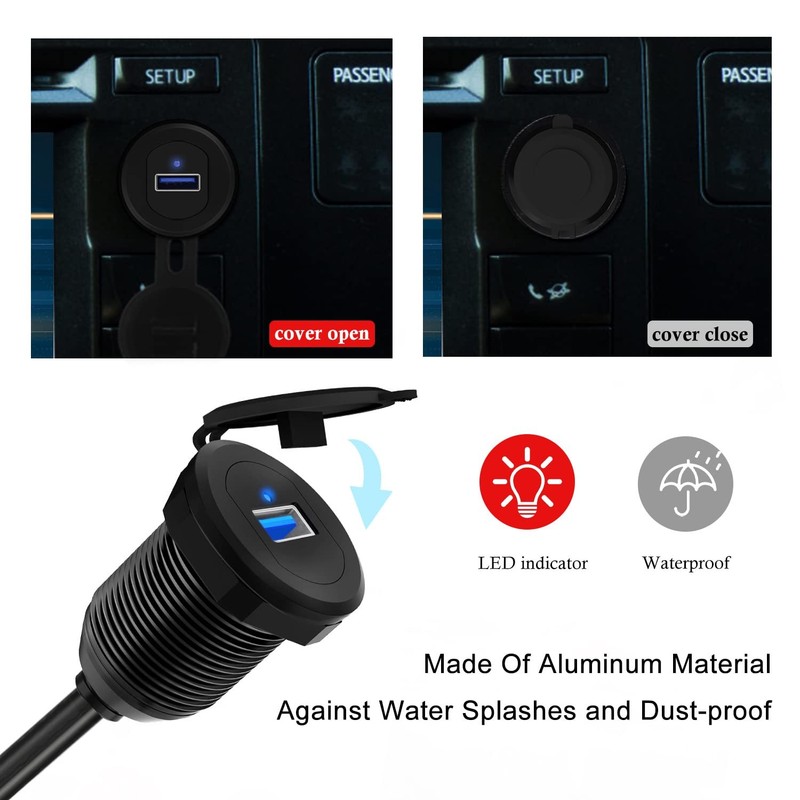 Single Port USB 3.0 Car Mount Flush Extension Cable LED Indicator Panel 3Ft gallery