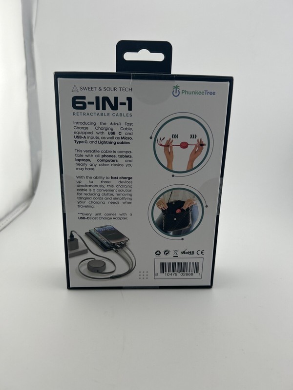 NEW Phunkee Tree 6-In-1 Retractable Cable SWEET SOUR TECH W/ FAST CHARGE ADAPTER gallery