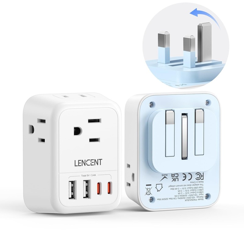 LENCENT Foldable US to UK Ireland Plug Adapter, Type G Travel Outle... Fast Ship