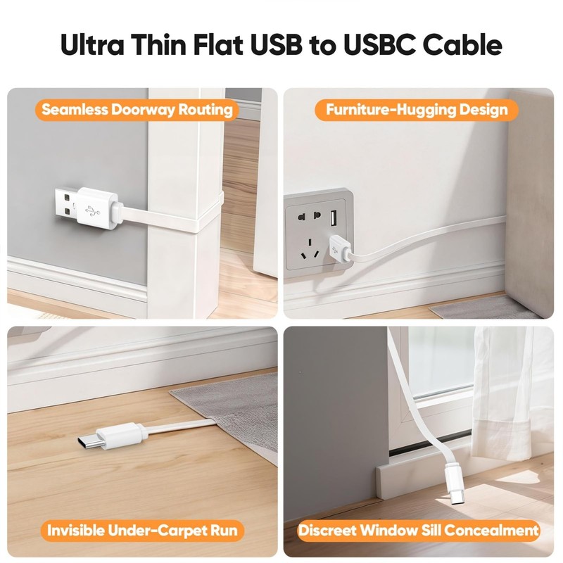 30FT USB A to C Cable 2-Pack, Flat Power Extension for CCTV, Compatible with Rin gallery
