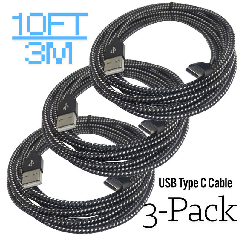 3Pack USB A Type C Charging Data Cable 10ft Charger Braided For Samsung Android