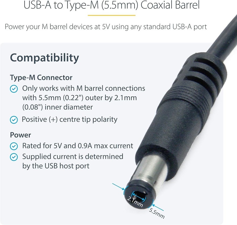 Durable 3FT USB-A to Type M Barrel Power Cable - Perfect for Professionals gallery