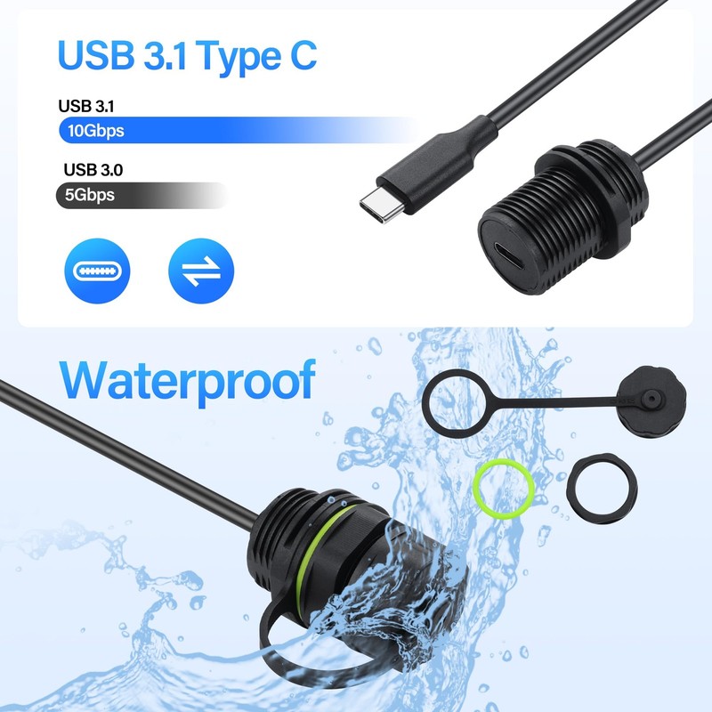 1M USB C To USB C Threaded Mount Waterproof Cable IP68 Panel Extension Dust Cap gallery