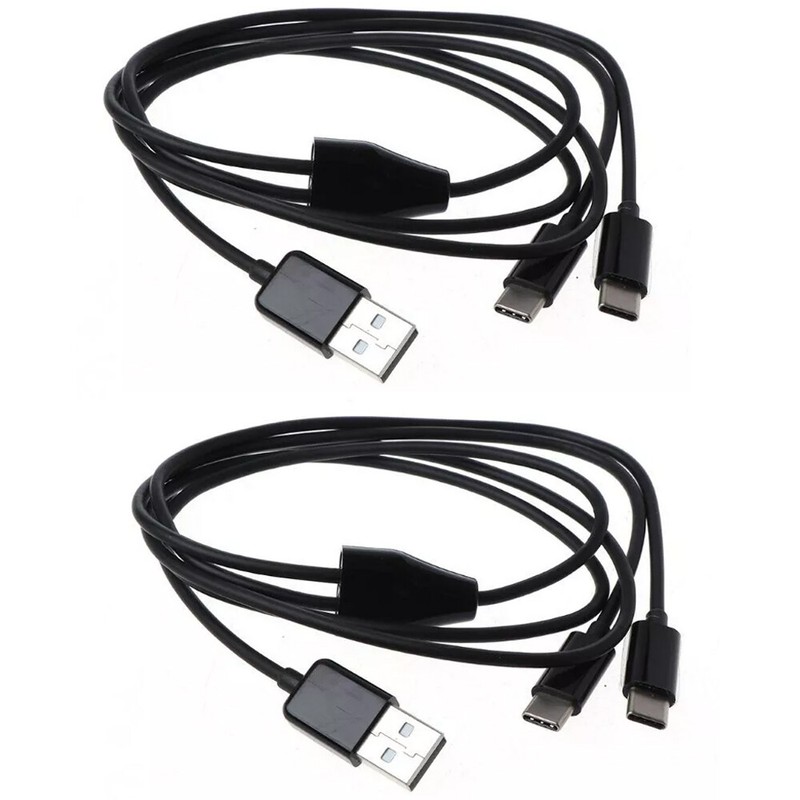2PC Portable USB 2.0 Type A M To Dual Type C M Splitter Y Charg Data Cable Black