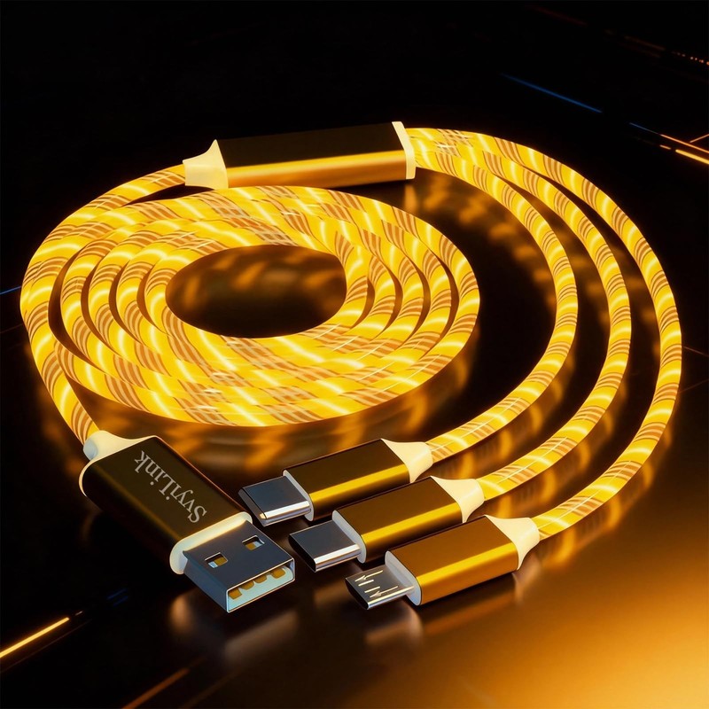 USB Cable PD Fast Charger Lighted Up 3in1 Yellow Flowing Data 39 Inch TPE