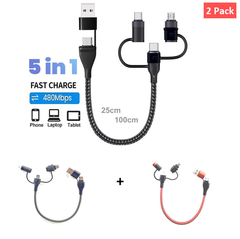 65W 5-in-1 Multi Charging Cable USB-C Fast Charge Nylon Braided_2Pack(Black+Red)
