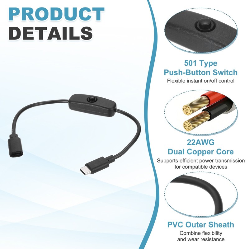 2Pcs USB Type C Switch Extension Cable, 22AWG Copper Core 3A Cord, Black 0.9FT gallery