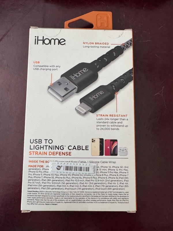 NEW iHome 6ft USB-A Cable Nylon Braided iPhone iPad Black IHCT1038B-OD gallery