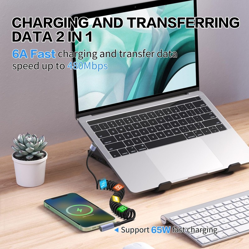 90 Degree Coiled USB C To USB C Cable 65W 1M 3.2FT Retractable Type C Cord gallery
