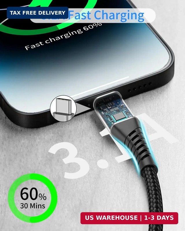 Short USB A to USB C Cable 1FT, 2 Pack Braided 3A USB A to Type C Fast Charging gallery