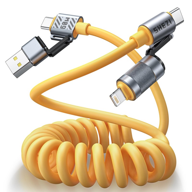4-in-1 Coiled USB C Cable Light-ning Cable for Car [60W Fast Charging&Data Tr…