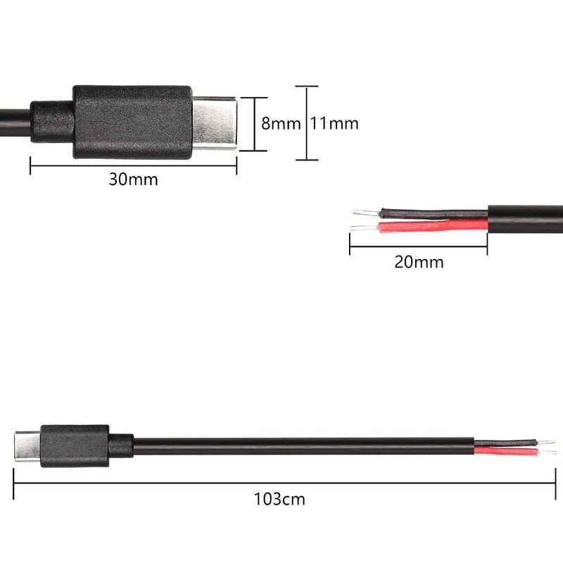 USB Type-C Pigtail Cable Extension Power Cable 22AWG 5V 3A USB-C Plug to 2 Pi... gallery