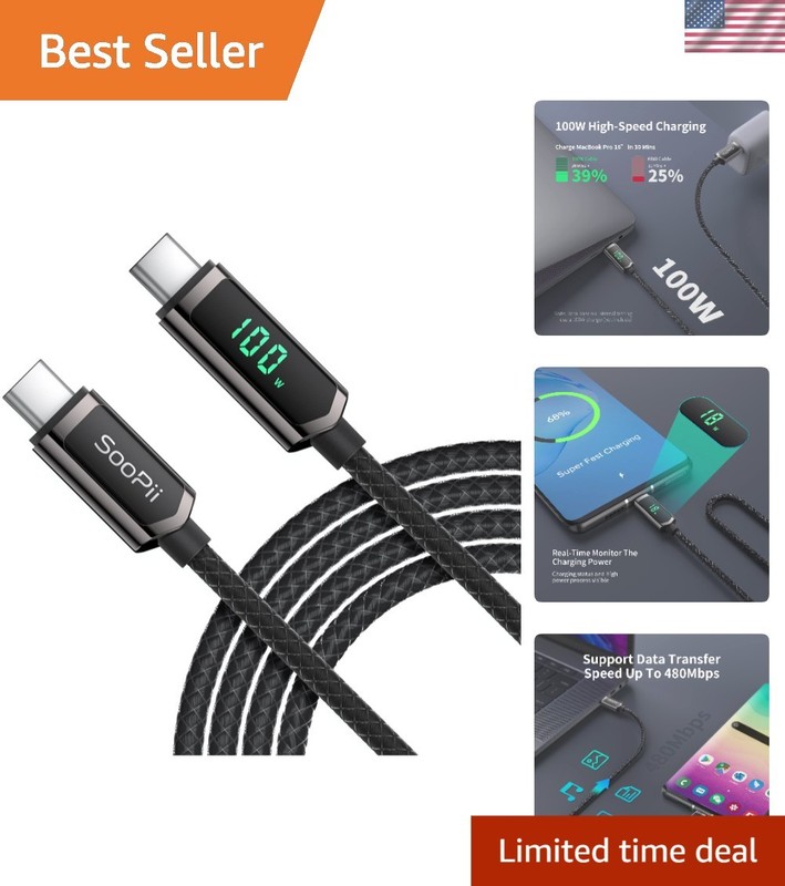 10FT 100W PD Fast Charging USB C to USB C Cable with LED Display in Black