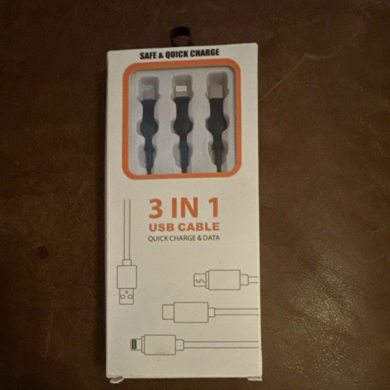 Black 3 in 1 USB Charging Cable Quick Charge Data Sync Universal Compatibility