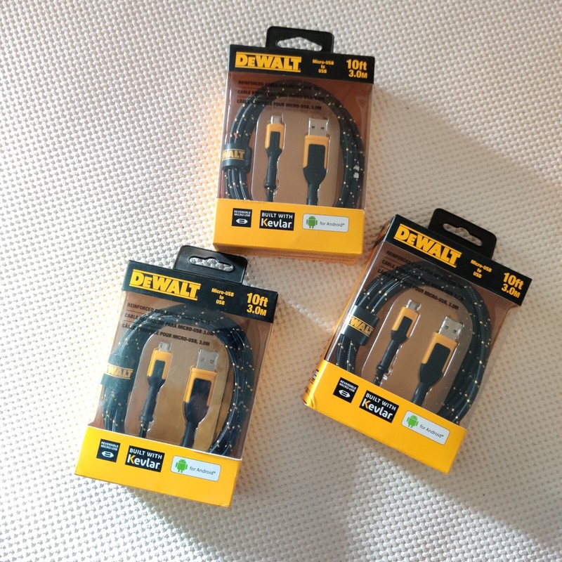 Lot 3 DEWALT Reversible Micro USB to USB Kevlar Reinforced Cable 10′ for Android