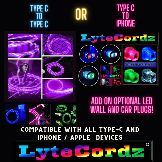 USB-C to Type C or iPhone Fast Charging LED Moving Light Up Cable Phone Cord