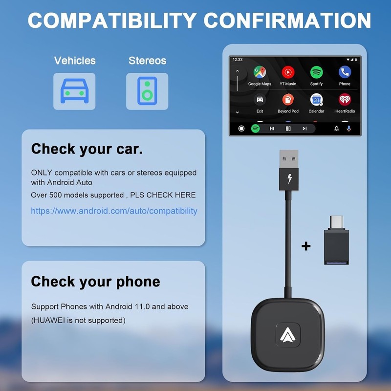 Wireless Android Auto Adapter USB-C Car Dongle Plug & Play Low Latency Black gallery