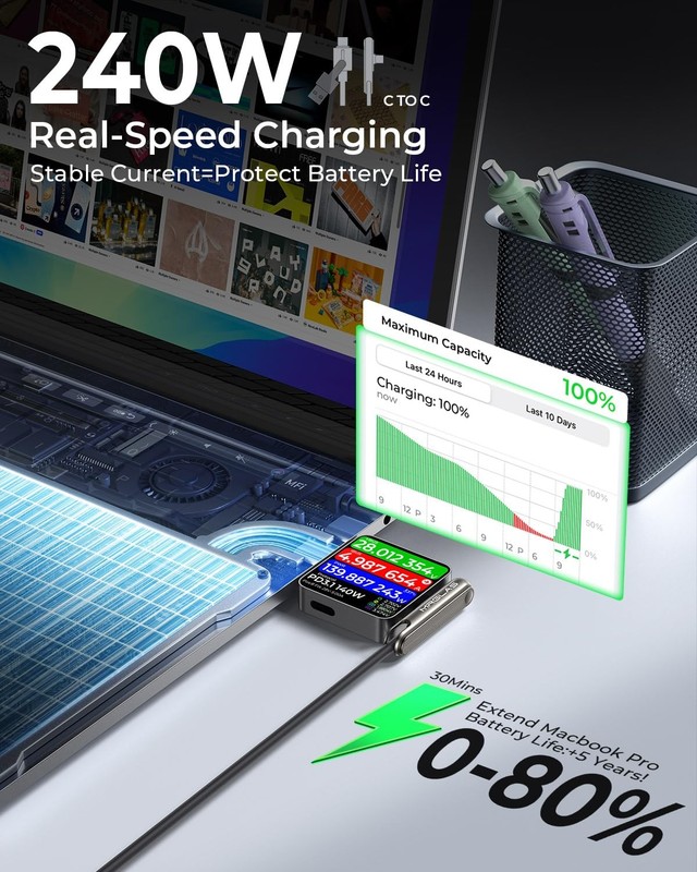 3-in-1 240W Invisible Stand Fast Charging Cable, 240W Chubby USB A/C to USB C... gallery