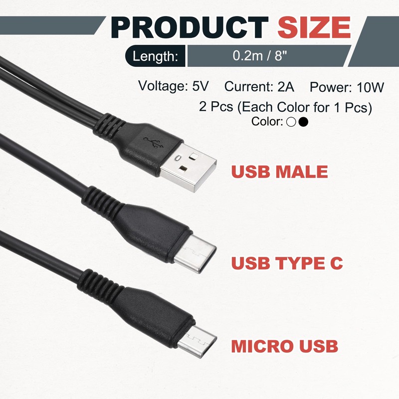 2 Pcs Multi USB A to Micro USB and USB Type C 2 in 1 Splitter 8 Inch, 2Colors gallery
