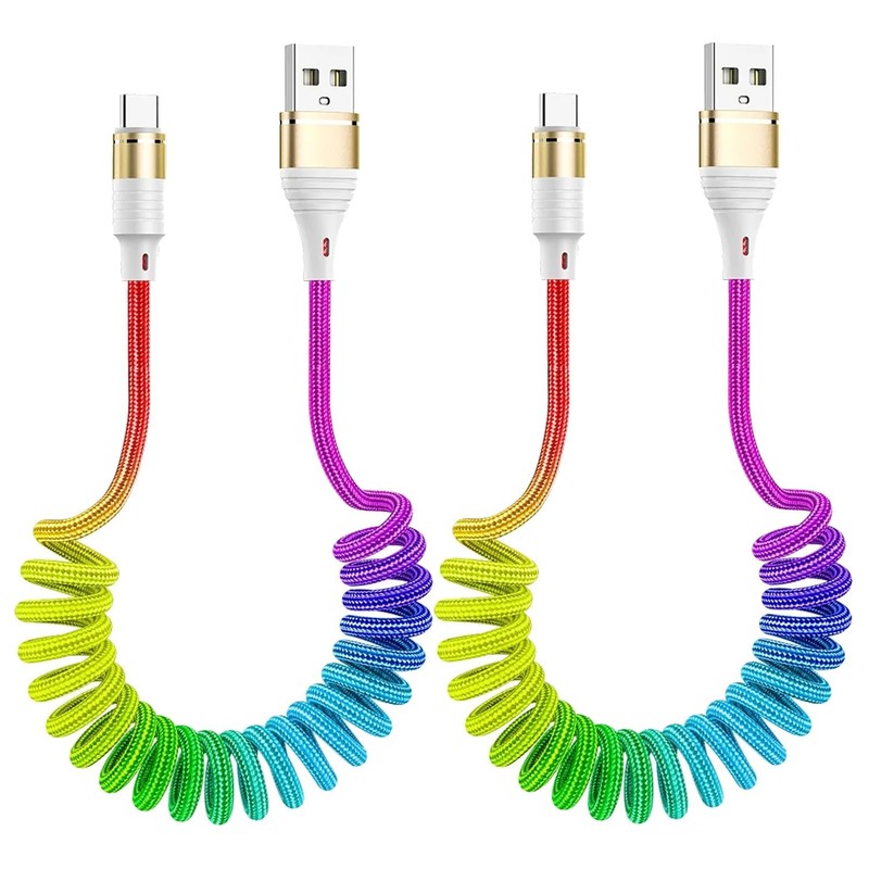Rainbow Coiled Fast Charging Cable,USB Spring Retractable Charger Cable for C...