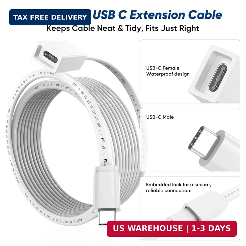 USB C Extension Cable 10ft for Ring Solar Panel & Camera, 45W Charging Waterproo gallery