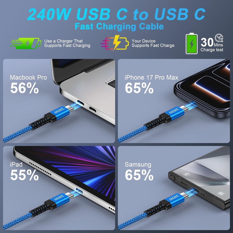 2 Pack 240W USB C to C Cable Fast Charging 6FT Type C Charger Cord Blue Purple gallery