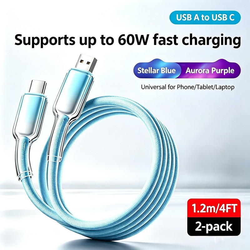 USB A to USB C Fast Charging Cable For iPhone 16 15 Pro Samsung up to 60W 2-Pack