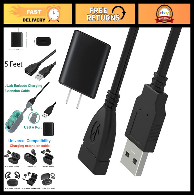 USB Charger Adapter for Wireless Earbuds, 5Ft Charging Cable for JLab Go, Epic A