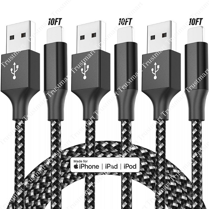 3Pack 10Ft Heavy Duty USB Charging Cable For iPhone 11 XR 8 7 Plus Charger Cord
