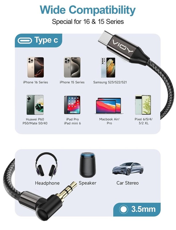 USB C to Aux 6.6 FT Audio Cable Right Angle Connector for iPhone and Galaxy gallery