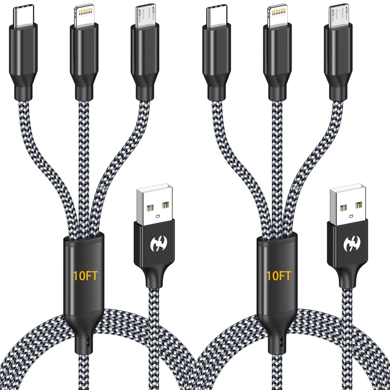 3 in 1 Long Multi Charging Cable 10ft, 2 Pack Nylon Braided Charger Cord with…