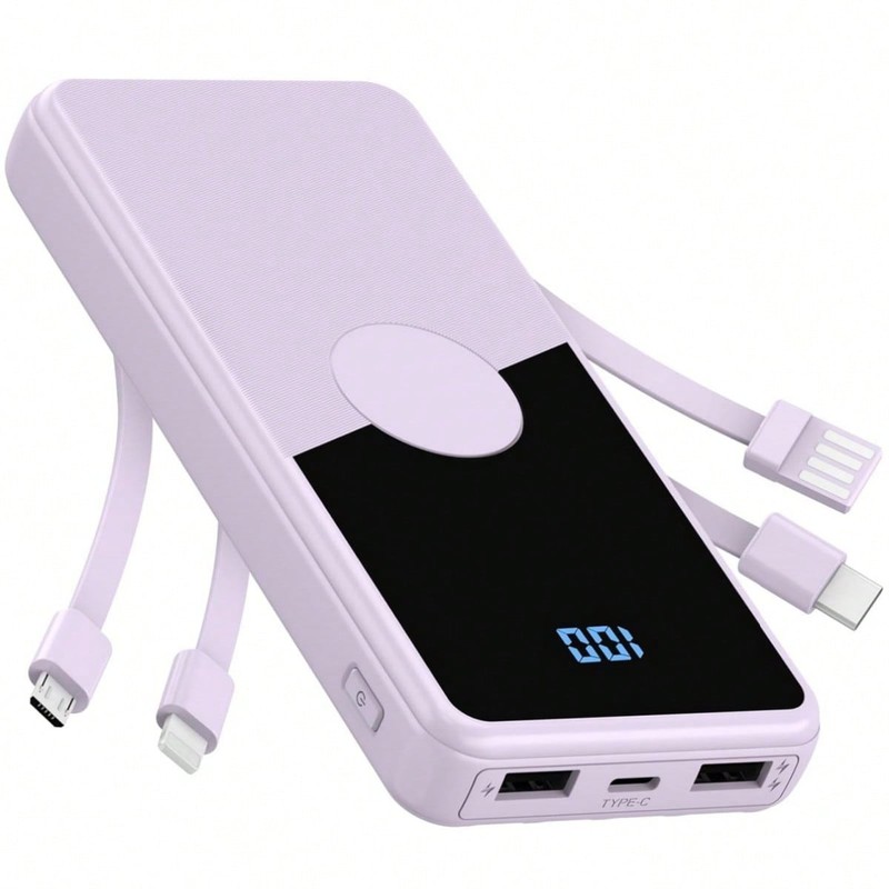 10000mAh Portable Charger w/ Built-In Cables, 5 Outputs Power Bank for Phones