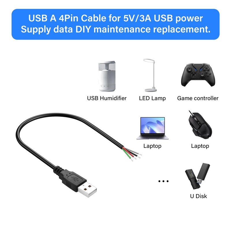30cm USB DIY Pigtail Cable 22AWG 5V 3A Male Plug 4 Pin Extension Data 2 Pack gallery